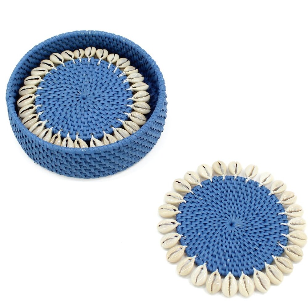 NEW Set of 4-Premium Coasters-Seashell-Trimmed Rattan-Blue-Eco Handcraft